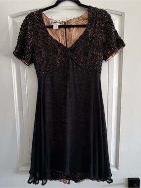 Judith Ann Creations Black Silk Beaded Lace Formal Cocktail Dress